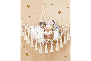LAOYE Kuscheltier Aufbewahrung Netz Stofftier Aufbewahrung Boho Makramee kuscheltiernetz mit Pentagramm Lichterkette Warmweiß Kuscheltier Hängematte Hängend Spielzeug Organizer für Kinderzimmer