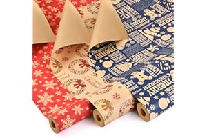 AhfuLife 3 Rouleaux Kraft Papier Cadeau Noël, 43cm×10m Recyclable Papier Emballage Noël avec Motifs Fins pour Emballage Cadeau de Fête (S: Joyeux Noel/Flocons de Neige/Gingembre)