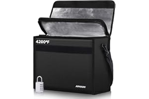 JUNDUN Sac Ignifuge (43 x 30 x 13 cm, 4200 ℉), boîte à Documents avec Serrure et Sangle, Sac à Documents Ignifuge Portable pour fichiers A4, Ordinateurs Portables, Argent et Objets de Valeur.Noir