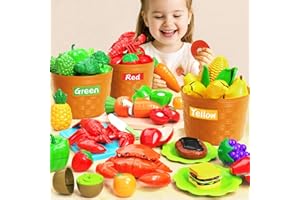 BLmukce Cutting Play Food Set, Pretend Kitchen Accessories, Fake Food with 3 Shopping Storage Basket, Educational Role Plastic Play Toy for Toddlers Boys Girls, Birthday Gifts Age 3 4 5 6