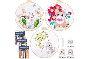 JSRQT 3 Pezzi Kit Ricamo Starter per Adulto Principianti,Set da Ricamo Punto Croce,DIY Kit Cucito A Mano Embroidery Starter Set (Gatti e Fiori)