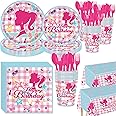 SOOFAM 121 PCS Pink Princess Birthday Party Supplies, Pink Girl Birthday Party Supplies,Pink Doll Party Derocations for barbie Party Serves 20 Guests Plates and Napkins Cup (barbie)