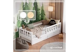 ‎RIVERBANK RIVERBANK Kinderbett 90x200 mit Rausfallschutz. (weiß) Kleinkind Jugendbett Massivholz Kiefer Bettgestell mit Lattenrost & Schubladen Stauraum. Kinder Bett für Mädchen oder Jungen
