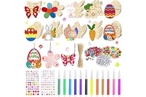 4BAOHUI Ostern Basteln Kinder, 264 Stück Holzanhänger Ostern Zum Bemalen, DIY Osteranhänger Holz Bemalen, Ostern Anhänger Holz, Bastelset Ostern mit Holzanhänger Aquarellstift Strass Auge Glocke Seil