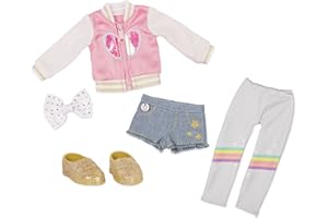 GLITTER GIRLS Our Generation Girls – Layered Leggings Denim Shorts & Pink Heart Jacket – Rainbow Tights, Hair Bow, Glitter Shoes – 14-inch Doll Outfits & Accessories – 3 Years + – Have A Gradient Day, GG50124Z