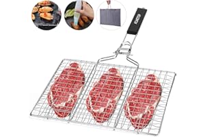 ACMETOP Portable BBQ Grill Basket, Stainless Steel Fish Grill Basket with Removable Handle, Perfect for Grilling Vegetables, Fishes, Shrimp - Bonus a Grill Mat, Sauce Bottle Brush and Carrying Pouch