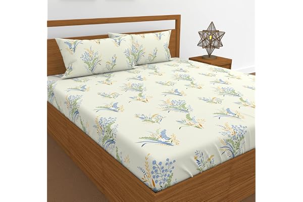 DECOREZA 280 TC Cotton Feel All Around Elastic Fitted Bedsheets, Elastic Fitted Bedsheets King Size Bedsheet for Double Bed with 2 Pillow Covers, Size - 72 x 78 x 8 Inches, (Cream Floral)