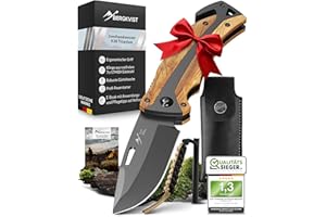 BERGKVIST® K30 Titanium Klappmesser (Zweihandmesser) - Mitführen in Deutschland erlaubt - 3-in-1 Taschenmesser für Outdoor, Camping & Survival mit Feuerstahl & Gürteltasche - Griff aus Olivenholz