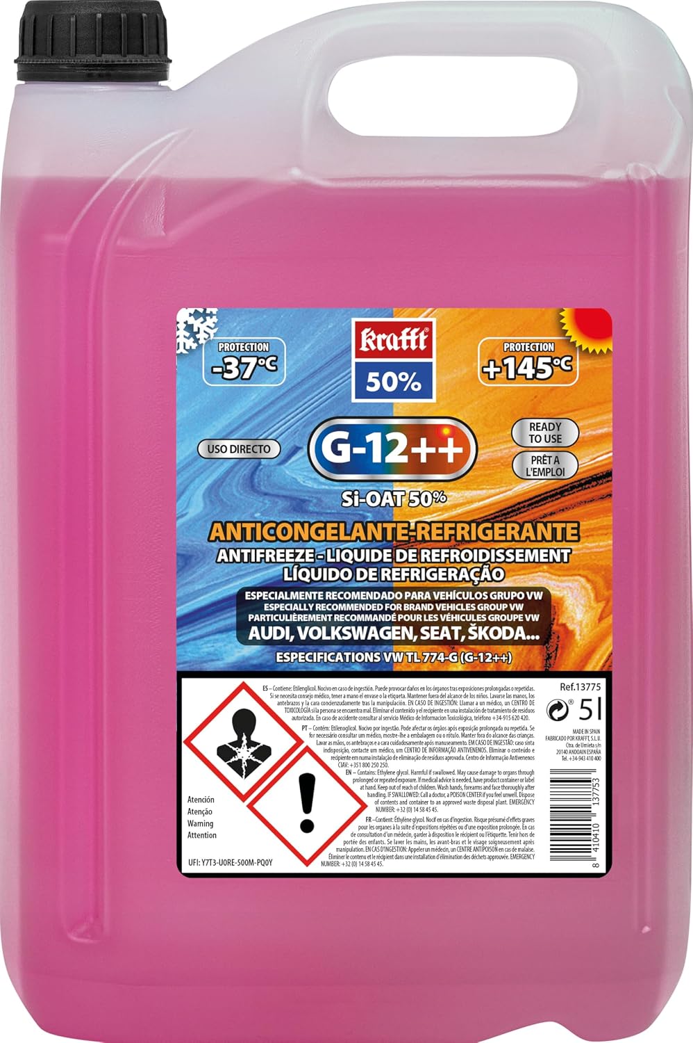 krafft Anticongelante Coche Rosa G12++, Líquido Refrigerante con Tecnología Híbrida - 5 L