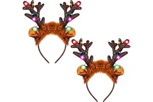 JOYIN 2 Pcs Light-Up Reindeer Headbands with LED, Christmas Headbands for Christmas Supplies and Holiday Parties Favors (ONE SIZE FITS ALL)
