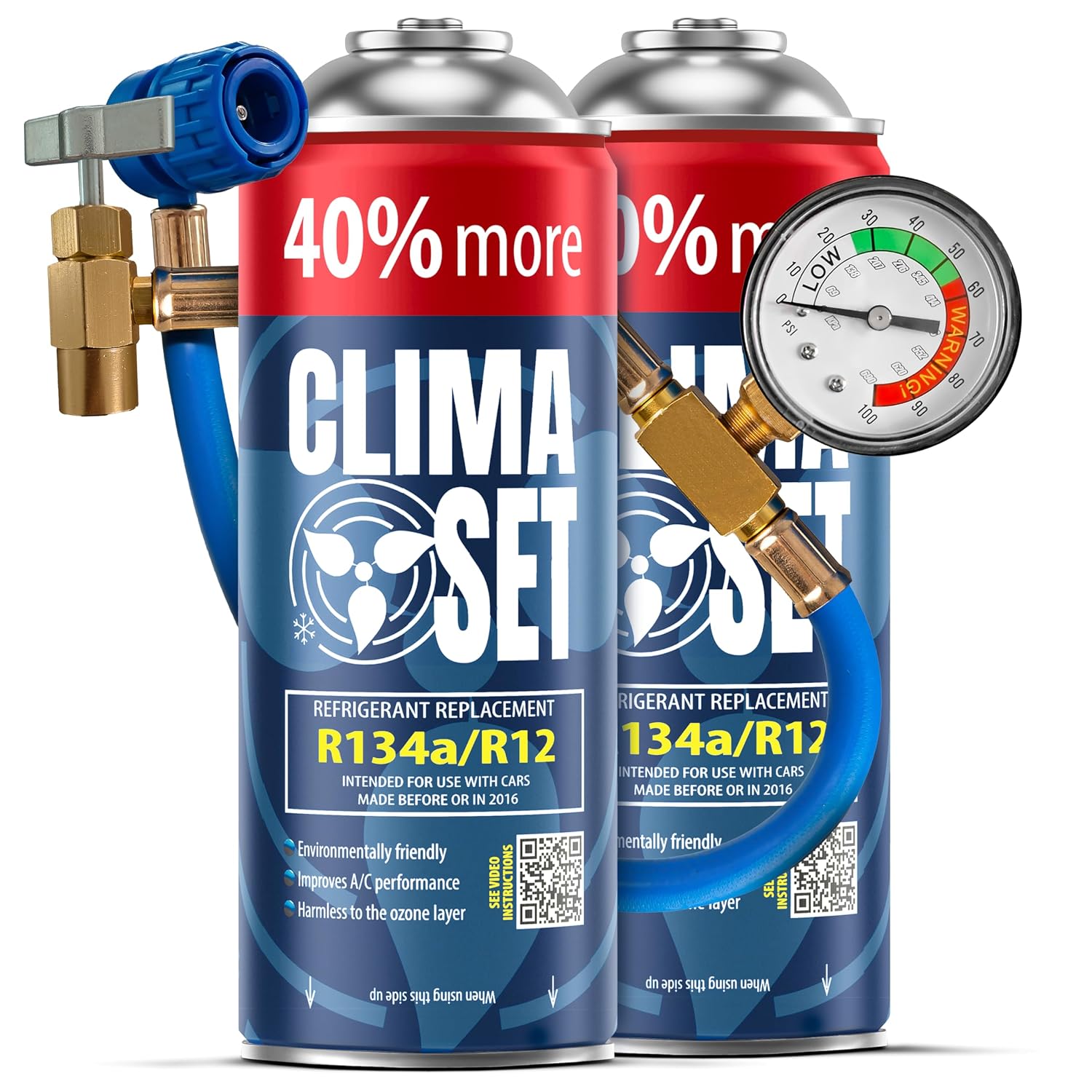 ClimaSet Vervanging van koelgas R134a, voor airconditioning met manometer, klimaatbeheersing, airconditioner, flexibel beheersen van klimaat, navulling airco auto, gaspatroon, eco, 2x 235 g