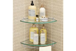 KES Glass Corner Shelf Bathroom Corner Shower Shelf Tempered Glass Shelf with Rail SUS 304 Stainless Steel Wall Mounted Brushed Finish 2 Pack, BGS2101A-2-P2