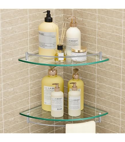 BSM Marketing Étagère Angle Verre Trempé 250mm - Supports Chromés Blanc - Salle De Bain & Cuisine