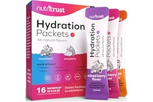 NUTRITRUST Electrolytes Powder Sachets, Natural Flavour Hydration Sachets with Electrolytes Drink Mix, Easy to Dissolve in Liquid, Vegan Rehydration Solution, 16 Hydration Electrolyte Sachets