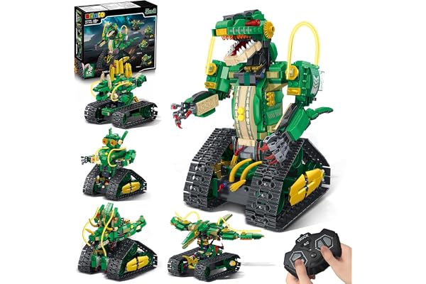 Jouet de construction de dinosaure RC avec lumière, kit de blocs de construction télécommandés 5 en 1, 877 pièces, jouets robots dinosaures rechargeables pour enfants garçons âgés de 8 à 12 ans