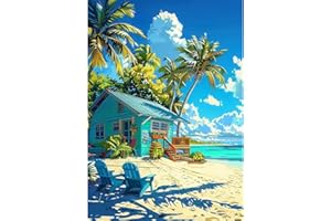 NEWENMO Casa de Playa Azul Diamond Painting Kit para Adultos,DIY Palmeras Pintura de Diamante Set,5D Sillas Mecedoras Diamond Art Kit,Bricolaje Dibujo de Diamantes,para Decoración Hogar(30x40cm)