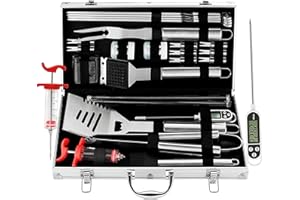 grilljoy 25PCS Outils Barbecue, Accessoires de Barbecue en Acier Inoxydable dans Un Boîtier en Aluminium - Complet Set de Barbecue - Cadeau de Fête des Pères Idéal pour Les Hommes