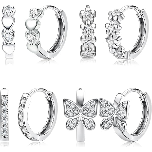 LOLIAS 4 Pairs Orecchini Bambina Argento 925 Forma Cuore Fiore Della Farfalla Oorecchini Donna Anallergic Zirconia CarinorRosa Set Orecchini Monili per Regalo