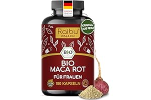 ‎RAIBU Bio Maca Rot, 180 Kapseln - 3.200 mg je Tagesdosis (entspricht 12.800 mg Maca-Wurzel aus Peru) Für Frauen - Mit natürlichem Vitamin C aus Acerola - Hochdosiert, vegan & laborgeprüft