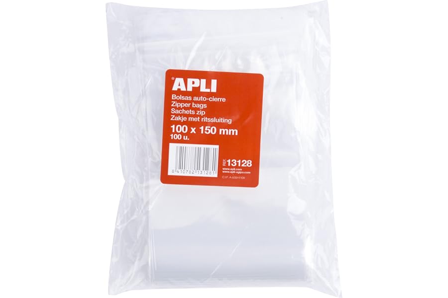 APLI 13128 - Pack de 100 bolsas de plástico con autocierre, 100 x 150 mm