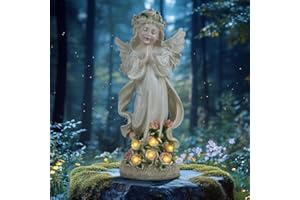 Euakee Solarne figurki ogrodowe, dekoracja ogrodowa, solarna z ciepłym światłem, rzeźba wędkarska, dekoracja trawnika, ozdoba na grób, odporna na warunki atmosferyczne, dekoracja ogrodowa, bajkowy