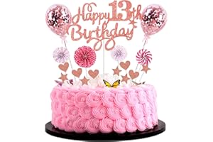 CNROSE Happy 13th Birthday Tortendeko 13 jahre Mädchen Kuchendeko 13. Geburtstag Mädchen Rosa Tortendeko 13. Geburtstag Mädchen Tortendeko Rosegold Mit Herz Stern Ballon Glitter Cake Topper für 13 Geburtstag