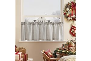 ‎TOPICK TOPICK 1 Stück H 40 x B 125 (cm) Scheibengardine modern Gestreift Leinen Gardinen mit Streifen Küchenvorhang Blickdicht Kurz Küchengardinen für Küchen lichtdurchlässig Klein Gardine Taupe auf Beige