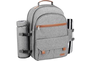 Sunflora Sac à Dos Pique Nique 4 Personnes Deluxe avec Poche Sac Pique-Nique Isotherme Panier Pique Nique avec Vaisselle et Couverture pour Camping Familial pelouse(Gris)