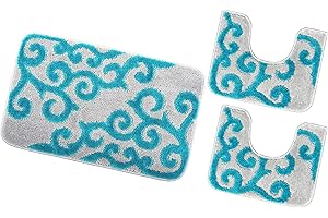 emmevi Tappeto Bagno Liberty Parure Morbido Antiscivolo Assorbente Lavabile MOD.Amalfi Set 3 Pezzi Turchese