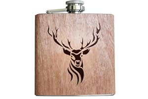 PIXELSTUDIO Flachmann Hirsch 6oz | Mit Holz Ummantelung & Gravur. Geschenk Idee für Jäger Jägerinnen Förster Jagd Männer Geweih