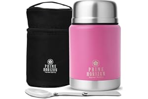 PRIME HORIZON SUPREME QUALITY Prime Horizon Food Flask - 500ml Stainless Steel Vacuum Double Wall Jar with Folding Spoon, Leakproof and BPA Free. Free Insulated Travel Bag with Carabiner and Gift Box (Pink)