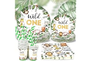 CHRI Set di stoviglie usa e getta per 24 ospiti, 121 pezzi di carta, tovaglioli, torte, bandiere della giungla, baby shower, festa di compleanno, Natale (Wild One)