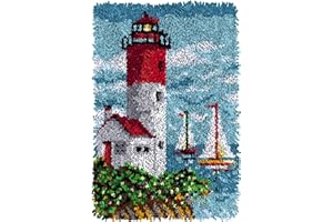 VIONNPPT Leuchtturm am Meer Muster Knüpfteppich Zum Selber Knüpfen, DIY Unfinished Häkelteppich Set mit Vordruck,3D Teppich Knüpfen Set für Erwachsene Kinder 60x40cm (Segelboot)