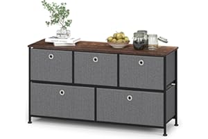 ‎WEEU Kommode mit 5 Schubladen aus Stoff Sideboard Metall Schubladenschrank TV Schränke Organizer Kleideraufbewahrung Beistelltisch für Flur Schlafzimmer Küche Wohnzimmer Büro Stahl Holz Schwarz & Grau