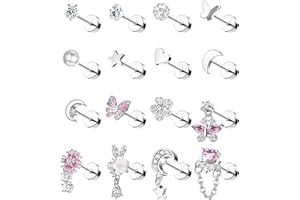 MILACOLATO 12/16 szt., 16 g, chrząstka, tragus, kolczyki sztyfty dla kobiet, mężczyzn, stal nierdzewna 316L, wewnętrznie gwintowane, CZ serce, helix, piercing, warga, nos, labret sztyfty, płaski tył,