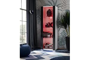 Komodee, Vetrina Tivoli, Bianco/Nero, Larghezza 55 cm x Altezza 159 cm x Profondità 35 cm, LED RGB, 3 ripiani, Per soggiorno, Camera da letto, anticamera