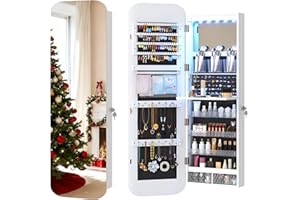 Vlsrka Ovale Specchio portagioie da parete, LED Porta/Parete Armadietto portagioie, Armadio portagioie con Specchio e Luci, Specchiera portagioi con Serratura, Gancio ad altezza regolabile, Bianco