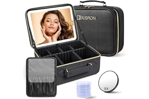 JUSRON Travel Makeup Bag with LED Mirror-3 Colors Modes, Portable Cosmetics Organizer with Adjustable Dividers Compartment, Light Up Vanity Case&Makeup Storage for Women with Makeup Accessories