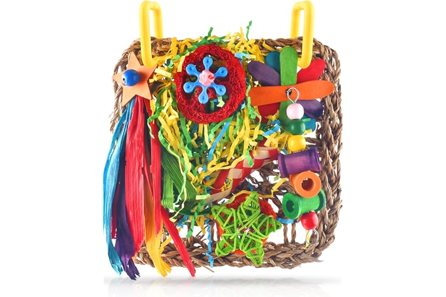 Cockatiel Toys, ERKOON Budgie Toys Foraging Toy Hanging Bird Toy for Lovebrid Parakeets Conures Parrot Foraging Wall with Colorful for Birds Shredding Seagrass, Birds Cage Accessories