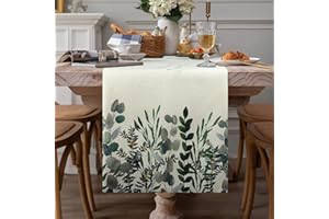 ETOLISHOP Camino de Mesa Estilo Rústico Lino Decoracion Mesa Otoño Camino de Mesa Moderno Hojas de Eucalipto Verde Mantel de Mesa para Hogar Festival Decoraciones Caminos de Mesa 33x183cm