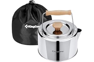 KingCamp Bouilloire de Camping Ultra-légère 1.2L Bouilloire Gaz Portable en Acier Inoxydable Alimentaire avec Manche en Bambou & Fuite de Thé Théières pour Camping Randonnée Pique-Nique Cuisine