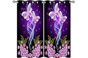 ANHOPE Transparent Butterfly Curtains Eyelet Soft Thermal Insulated Blackout Curtains Flower Shiny Stars Print Pattern Ring Top Drapes for Bedroom Living Room 46 x 54 Inch Drop 2 Panels