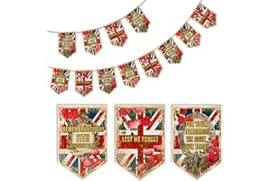 SESAMELESS 12 Pcs Remembrance Day Decorations,Lest We Forget Bunting with 250cm Ropes,Cardboard Flags for UK War Soldiers Heroes Anniversary Decor