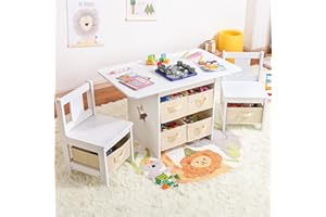 ‎YORBAY Yorbay Kindertisch mit 2 Stühle, Kinderaktivitätstisch mit Stauraum, 3tlg Kindersitzgruppe, Sitzgruppe für Kinder, Maltisch für Kinderzimmer, Spielzimmer, Vorschüler, Kindermöbel (Weiß)