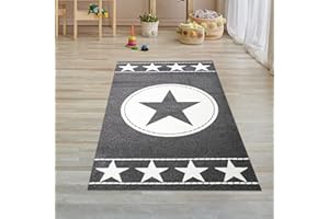 ‎TEPPICH-TRAUM Kinderteppich Spielteppich Kinderzimmer Teppich Sternteppich Sterne Grau Creme 80x150 cm
