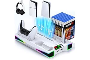 Standfuß für PS5 Pro/PS5/PS5 Slim,5200RPM Kühler Lüfter Starker Wind und Schnelle Wärmeableitung,RGB Ständer für Playstation 5 Pro mit Ladestation/Headset Halter/15 Spiele Aufbewahrung für PS5 Zubehör
