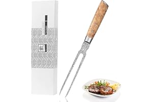 ‎ZAYIKO zayiko Kinone Damask Carving Fork, 18 cm, 67 Layers of Real Black Damascus Steel, Birch Root Wood Handle, Multifunctional as Meat Fork, Serving Fork and Barbecue Fork