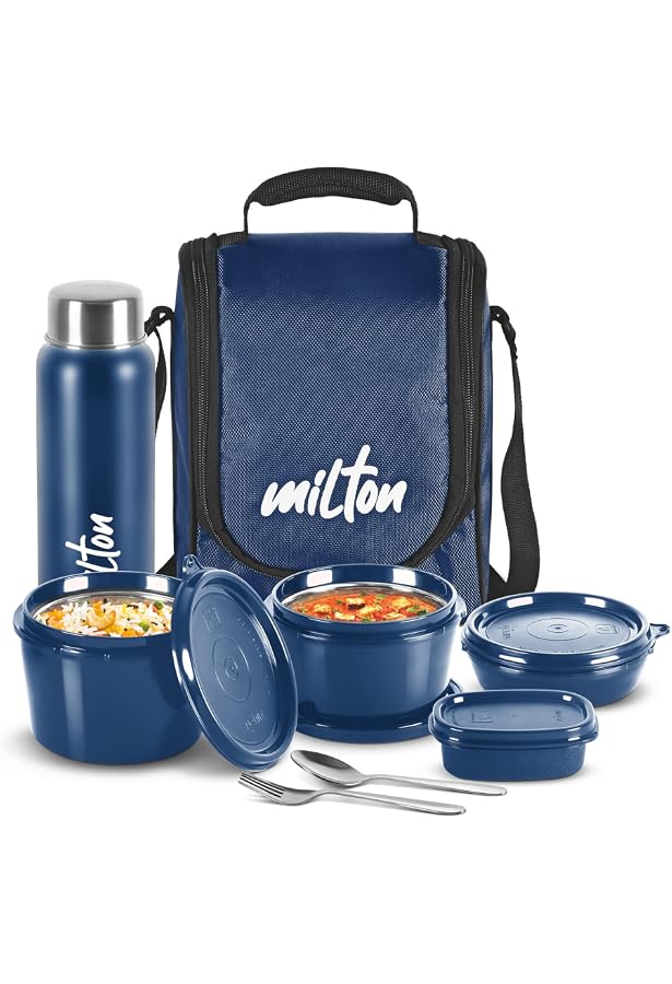 Lunch Box Isotherme Milton Delicious Combo - 3 Contenants + 1 Gobelet, Acier Inoxydable, étanche, Bleu