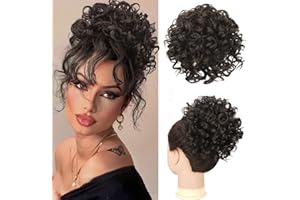 RUWISS Messy Bun Short Curly Drawstring Ponytail Extension Loose Hair Bun Hair Pieces for Women High Temperature Synthetic Hair Bun Extension 80g Black Brown