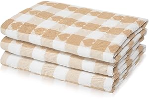 Kitchen Trends Woven Tea Towels 3pk Large 50 x 70cms Super Absorbent Hearts 100% Cotton (Beige)